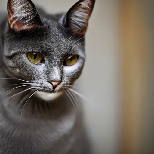 Image similar to a grey manx cat smoking a cigarette, photograph