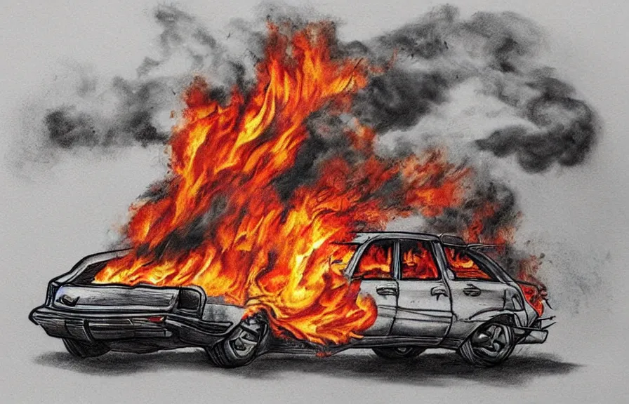 Prompt: car on fire, tattoo design