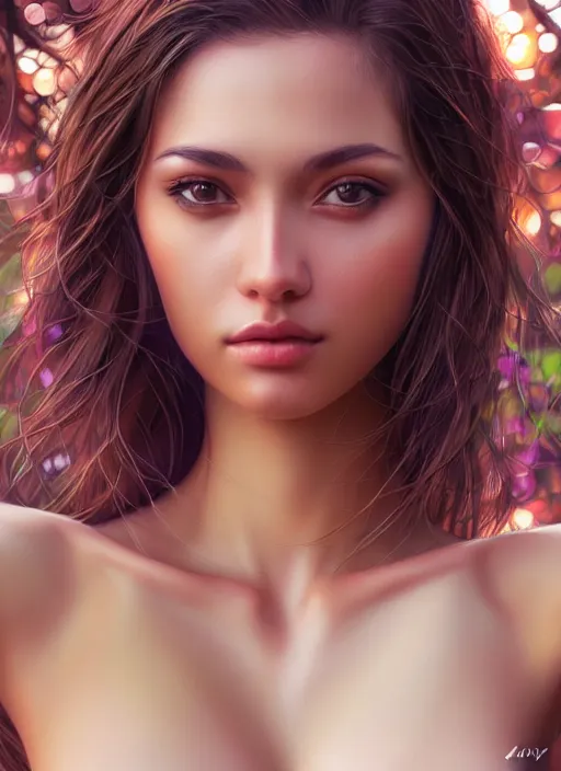 Image similar to photo of a gorgeous female in the style of stefan kostic, realistic, half body shot, sharp focus, 8 k high definition, insanely detailed, intricate, elegant, art by stanley lau and artgerm, extreme bokeh foliage