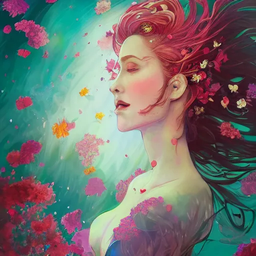 Image similar to Triss Merigold in a swirling sundress of flowers, underwater, floral explosion, radiant light, vortex of plum petals, by WLOP, Victo Ngai and artgerm, artstation, deviantart