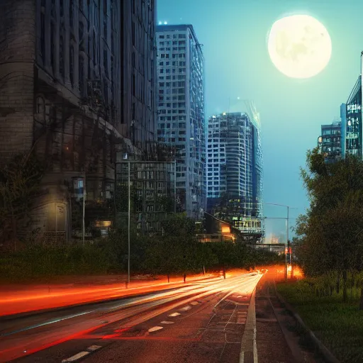 Prompt: city overgrown, night time, photo realistic, glow