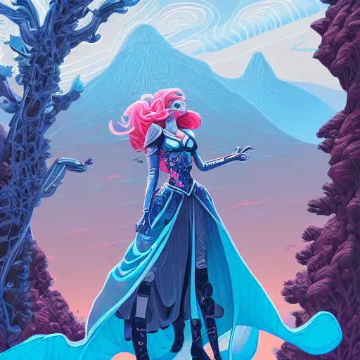 Image similar to gouache, ethereal cybernetic princess in the mountains, extremely detailed, sharp focus, wide view, full body shot, smooth, digital illustration, by lisa perrin!!!!, dan mumford, james jean, by rossdraws, frank franzzeta, sakimichan