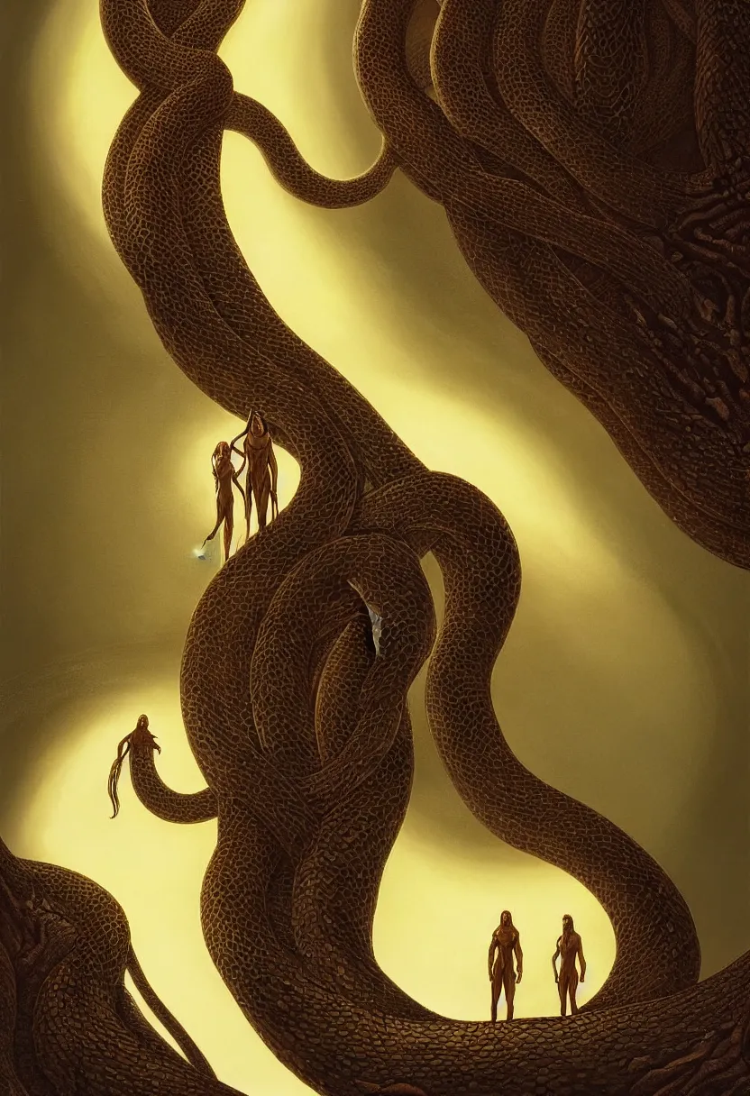 Image similar to a close up of Adam and Eve in Dune with the tree of life, the snake is surrounding them, beautiful dramatic moody lighting, cinematic atmosphere, high detail, 8k, ornate, dark fantasy, masterpiece, complex, a tropical garden world by Ralph McQuarrie| sparth:.2 | Tim white:.4 | Rodney Mathews:.2 | Graphic Novel, Visual Novel, Colored Pencil, Comic Book:.2