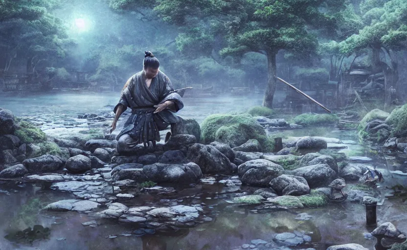 Image similar to highly detailed digital illustration of samurai kneeling in the blue puddle in old, ruined, japanese village from sengoku period, surrounded by the sea, with dark rocks, cinematic lighting, photobash, raytracing, volumetric lighting