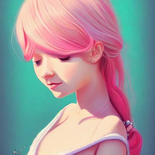 Image similar to happy adult female in sundress, summer dress, pastel light pink very long hair, muted colors, matte print, pastel colors, ornate, digital art, digital painting, fan art, elegant, artstation, head is centered, by Ilya Kuvshinov