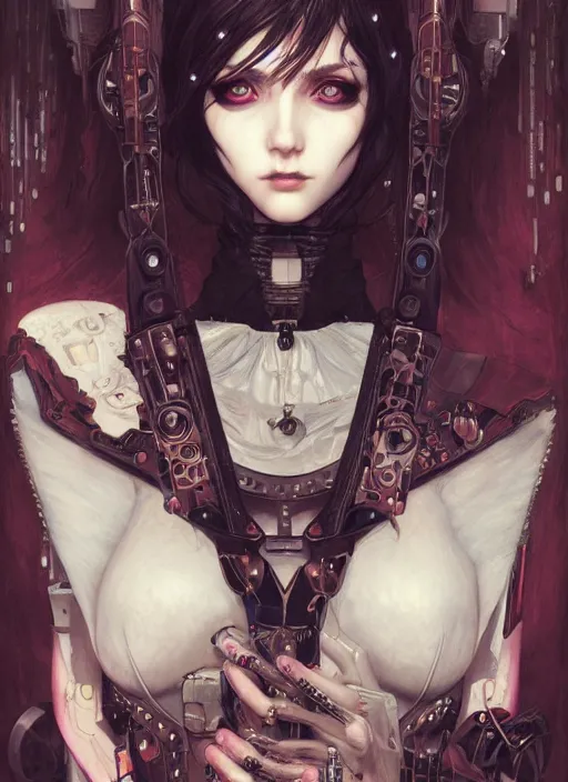 Image similar to portrait of beautiful young gothic maiden, cyberpunk, Warhammer, highly detailed, artstation, illustration, art by Gustav Klimt and Range Murata and Ilya Kuvshinov