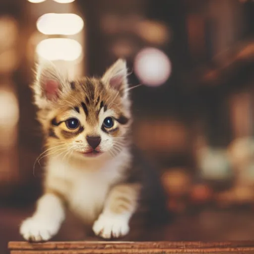 Prompt: puppy kitten inside a japanese thrift store, cinematic light, warm colours, atmospheric, bokeh, 8 k photography