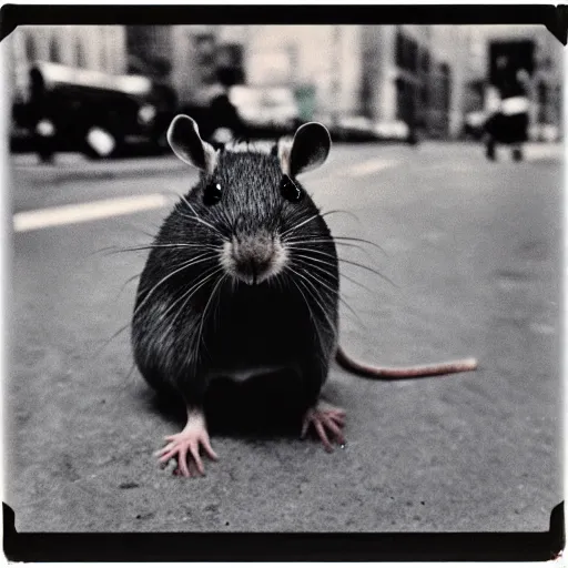 Image similar to wide-shot very low-angle eyesight photo of a rat at the street in New York, polaroid photo, by Andy Warhol, signed