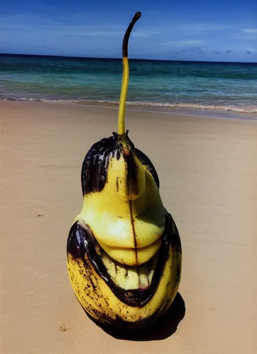 Prompt: jeff goldblum banana on the sand of a beach