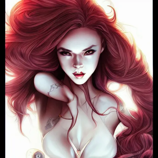 Image similar to princess of darkness, style of moebius, artgerm, james jean, piercing eyes, long glowing red hair, cinematic, highly detailed, award winning