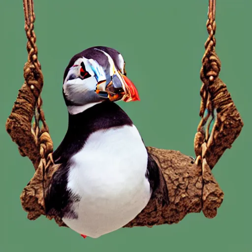 Image similar to realistic puffin sitting on a swing, hyper detailed, trending on artstation