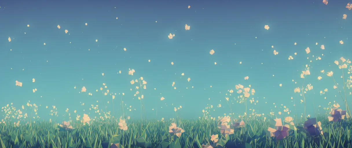 Image similar to 3 d render, low poly art, minimalist, flowers, teal sky, lowpoly landscape, particles floating, unreal engine, dreamy, bokeh, bounce light, bright lighting, complementary palette