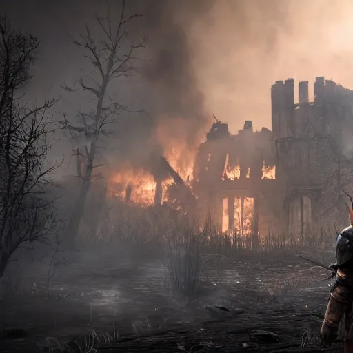 Prompt: a photo of a house burning down in the background and dark souls with an eerie expression in the foreground, strong depth of field