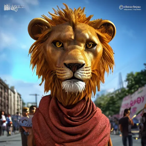 Prompt: anthropomorphic scene of lion at a street protest, exquisite detail lion in hippie clothes, Streetwear, hippie fashion, protest movement, trending on artstation, incredible detail, Graeme Base, 8k detail, gi, global illumination, physically based rendering, photoreal, small details, intricate complexity