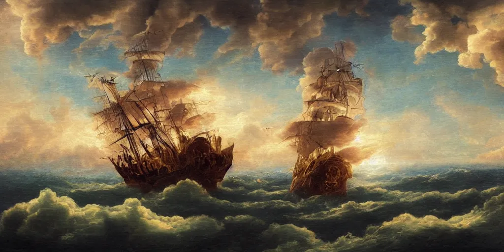 Prompt: One pirate ship sailing on clouds, baroque painting. star lit sky, ultra realistic.