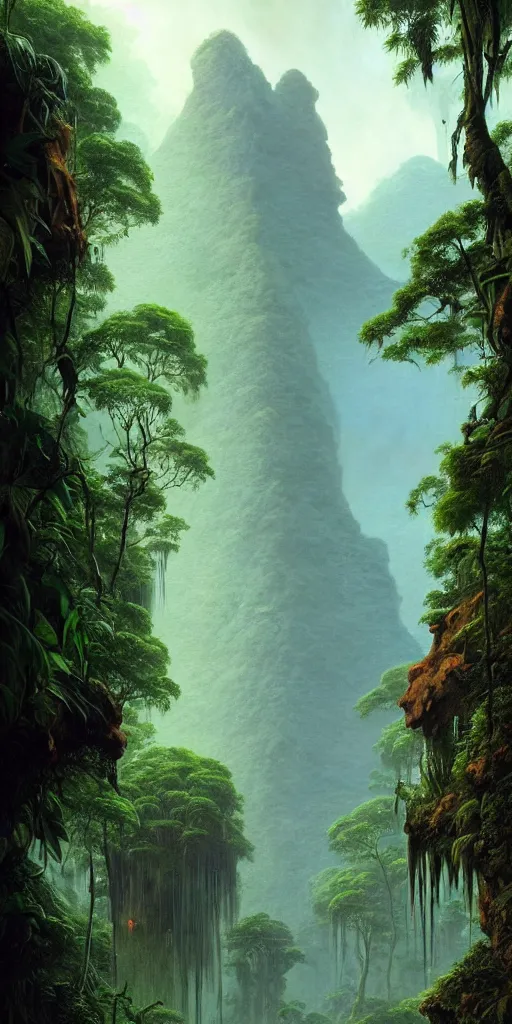 Image similar to a expressive landscape of mayan ancient jungle, artstation, award - winning realistic sci - fi concept art by jim burns and greg rutkowski, beksinski, a realism masterpiece, expressive color palette, james gilleard, bruegel, alphonse mucha, and yoshitaka amano