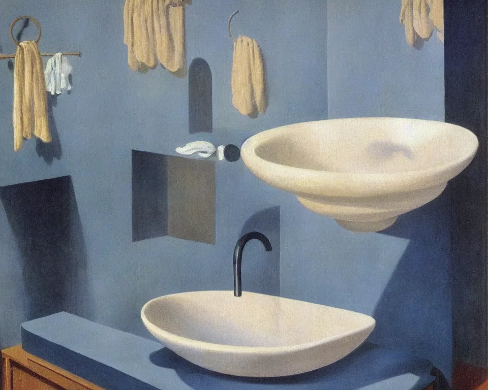 Prompt: achingly beautiful painting of a sophisticated, well - decorated, modern sink by rene magritte, monet, and turner.