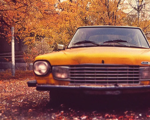 Prompt: a lomographic photo of old lada 2 1 0 7 standing in typical soviet yard in small town, autumn, cinestill, bokeh