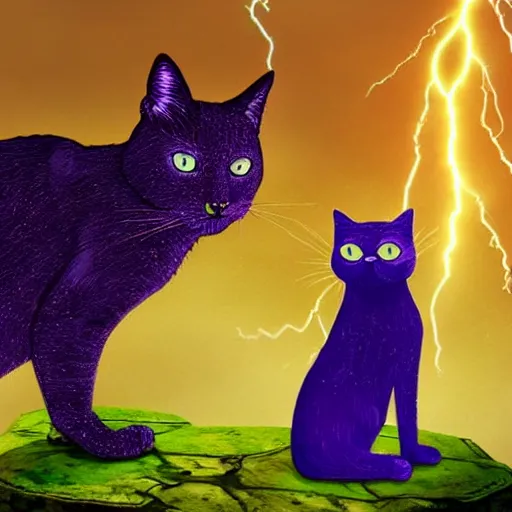 Prompt: a cat is sitting on a rock and looks at a total fallout city, while it is radioactive raining and a wild ghoul is coming nearby, there is a lightning which is deep purple, the cat has high details and can only be seen from the back