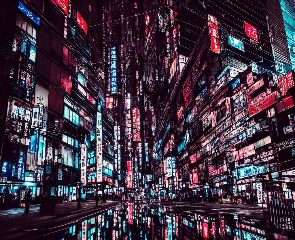 Prompt: beautiful!!! overwhelming!!!!! studio photograph of japan at night, reflective intricate puddles, beautiful tall luxurious neon buildings with advertisements, stunning composition, moon rays, beautiful calming atmosphere, studio level quality, photography, hyperdetailed