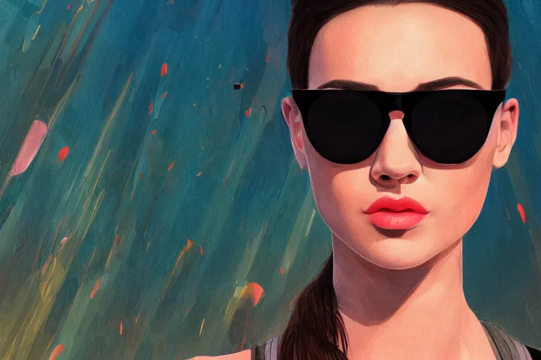 Prompt: 8k UHD, high detailed, Digital drawing, Randy Bishop art style : (subject = girl wearing Ray bans shades, photo realistic, high symmetry + subject detail= beautiful, Vulcan, black hair, high detailed)