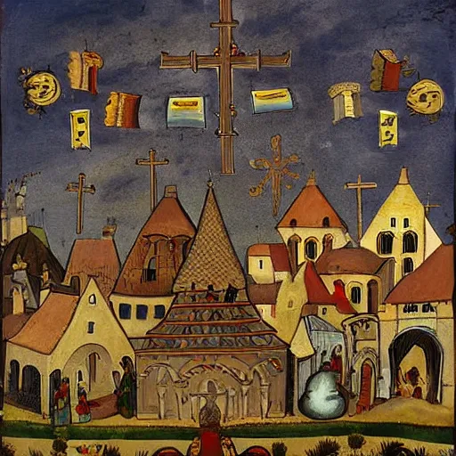 Image similar to a medival painting of holy objects flying above a medival town.