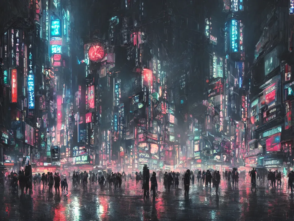 Image similar to a photorealistic hyperrealistic sci - fi rendering of gigantic tall highly detailed alien biomechanical tripods in a crowded tokyo, shinjuku street crossing at night, beautiful dramatic moody lighting, bladerunner, bright colorful neon signage, wet streets, reflections by greg rutkowski, james paick, wlop, volumetric lighting, cinematic atmosphere, artstation, 8 k
