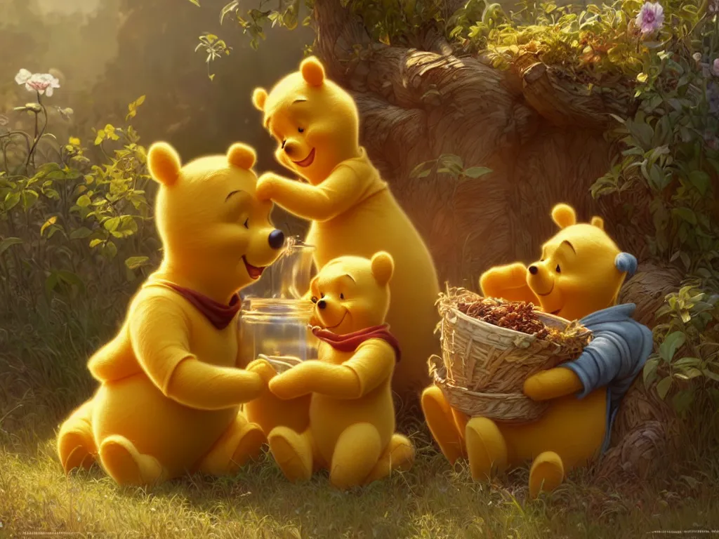 Image similar to winnie the pooh and honey pot cute and cuddly, highly detailed, photorealistic, octane render, 8 k, unreal engine. art by artgerm and greg rutkowski and alphonse mucha