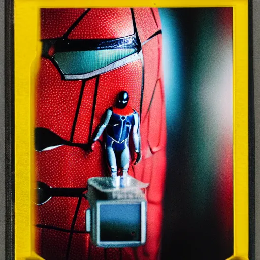 Image similar to a single iron man and spider - man hybrid, dslr, polaroid