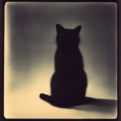 Image similar to black cloudy shadow of a cat, cuddly fur, blurry, mystical, misty, dreamy, shadow polaroid photo