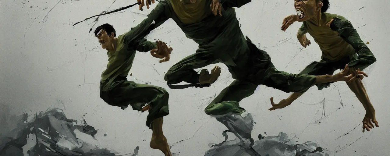 Image similar to duotone olive green grey illustration 3 / 4 portrait of gollum fighting in bruce lee style. dynamic chaotic composition accidental renaissance golden ratio. by sachin teng and sergey kolesov and ruan jia and heng z. graffiti art, scifi, fantasy, hyper detailed. octane render. concept art. trending on artstation