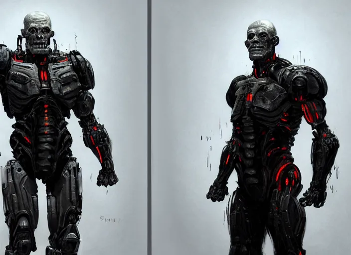 Image similar to michael berryman as victor stone, full body concept, cyborg, borg, strogg, face of a man, terminator, flesh, quake strogg, doom demon, wolfenstein, monstrous, powerful, symmetry, symmetrical, concept art by ruan jia and greg rutkowski