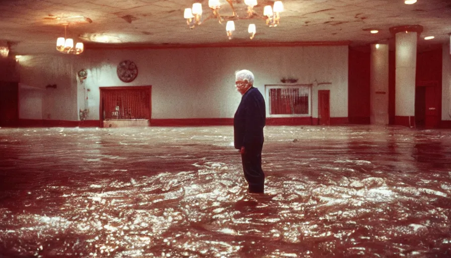 Prompt: 7 0 s movie still of an old man standing in a soviet ballroom flooded in mud, cinestill 8 0 0 t 3 5 mm, heavy grain, high quality, high detail