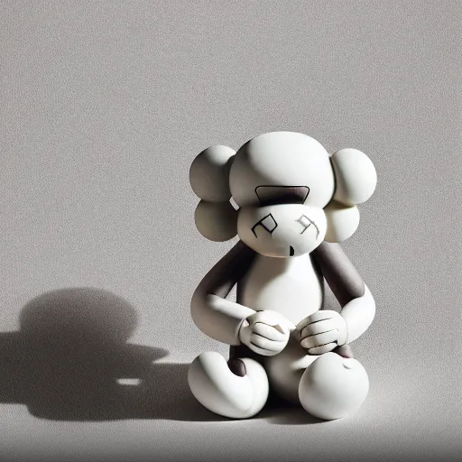 Image similar to highly detailed product shot of an off - white cheburashka porcelain figurine | visible cracks in the porcelain | light reflecting in the porcelain | 4 k | uhd | inspired by kaws