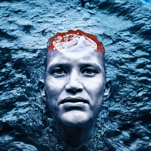 Prompt: a sculpture made of flame in the shape of a human head, on the ocean water, water manipulation photoshop, cgsociety, cinematic, in the style of johnson tsang, long shot, hyper detailed, hyper realistic, ray tracing, 8 k resolution, sharp focus, realistic water, award winning