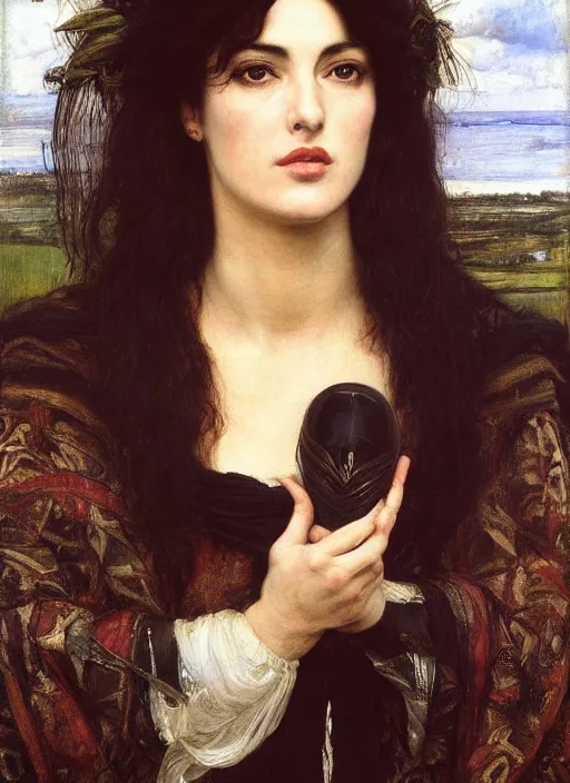 Prompt: a beautiful painting of monica bellucci by John Everett Millais and Dante Gabriel Rossetti and John Collier and john william waterhouse, pre-raphaelite, detailed, trending on artstation, hd, masterpiece