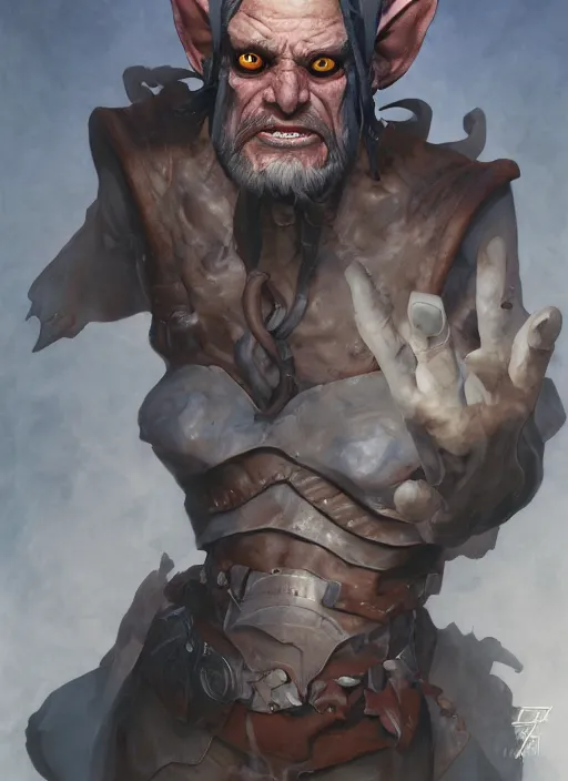 Image similar to portrait of grey goblin priest by artgerm and Craig Mullins, James Jean, Andrey Ryabovichev, Mark Simonetti and Peter Morbacher 16k