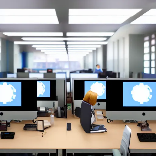 Image similar to fifty monkeys are staring a individual computer screens in a crowded cubicle - style office, the computer screens have bitcoin logos, hyperrealism, unreal engine 5, 4 k, harsh contrast lighting