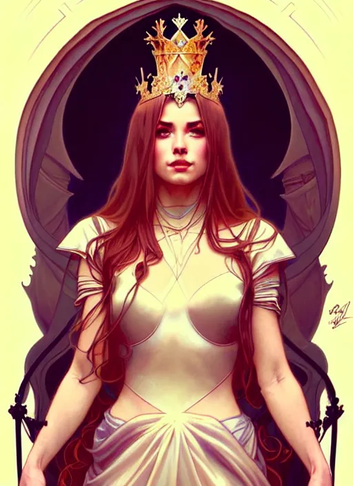 Prompt: rolyatistaylor as queen, incredibly detailed face, pretty face, light dress, true anatomy, art by artgerm and greg rutkowski and alphonse mucha