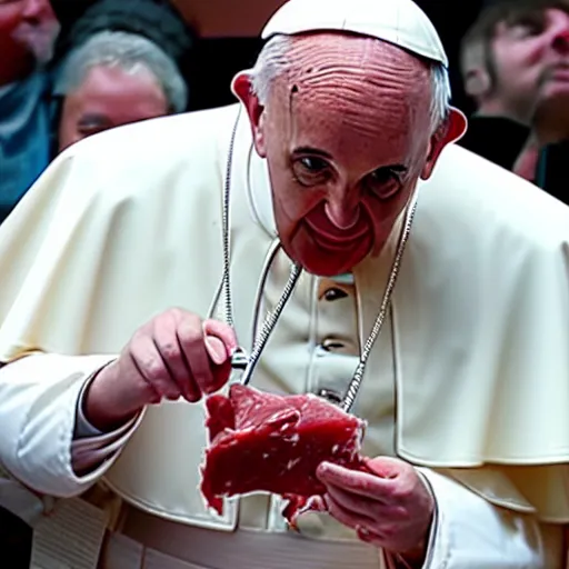 Image similar to photo of the Pope eating raw meat, 50mm, beautiful photo