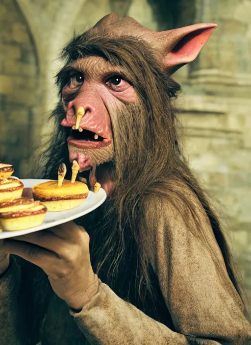 Image similar to closeup portrait of a medieval goblin eating cakes in the cloisters, depth of field, zeiss lens, detailed, symmetrical, centered, fashion photoshoot, by Annie Leibovitz and Steve McCurry, David Lazar, Jimmy Nelsson, Breathtaking, 8k resolution, extremely detailed, beautiful, establishing shot, artistic, hyperrealistic, beautiful face, octane render