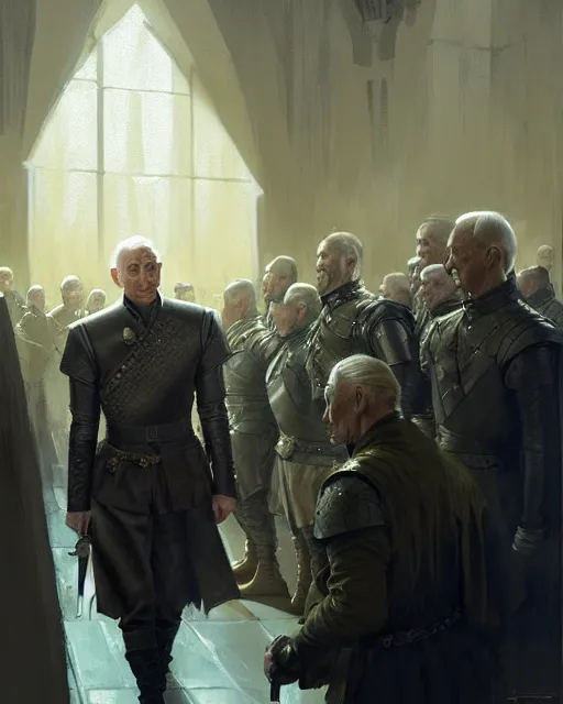 Image similar to tywin lannister discusses war strategy with his military advisors, council chambers, game of thrones | | realistic shaded, fine details, realistic shaded lighting painting by greg rutkowski, diego gisbert llorens, magali villeneuve, artgerm, jeremy lipkin, michael garmash, rob rey