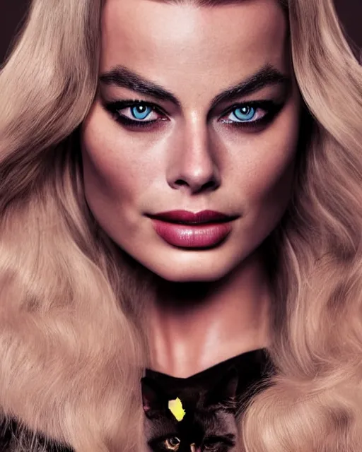 Image similar to portrait of margot robbie with a cat woman costume, full body shot, highly detailed, beautiful eyes, beautiful face, detailed face, cinematic, digital art, sharp