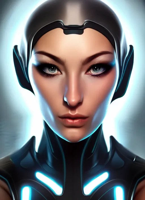 Image similar to portrait of a cyborg woman by Artgerm, (((((face turns left))))) ((((((((((face turns right)))))))))), eyes closed , biomechanical, hyper detailled, trending on artstation