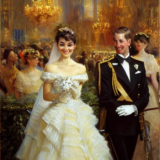 Image similar to detailed painting of young prince william marrying attractive audrey hepburn, highly detailed painting by gaston bussiere, craig mullins, j. c. leyendecker 8 k, smiling couple, royal painting, human face