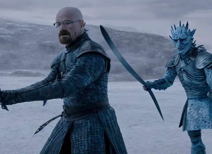 Image similar to a screenshot of walter white fighting the night king with a sword in an episode of game of thrones