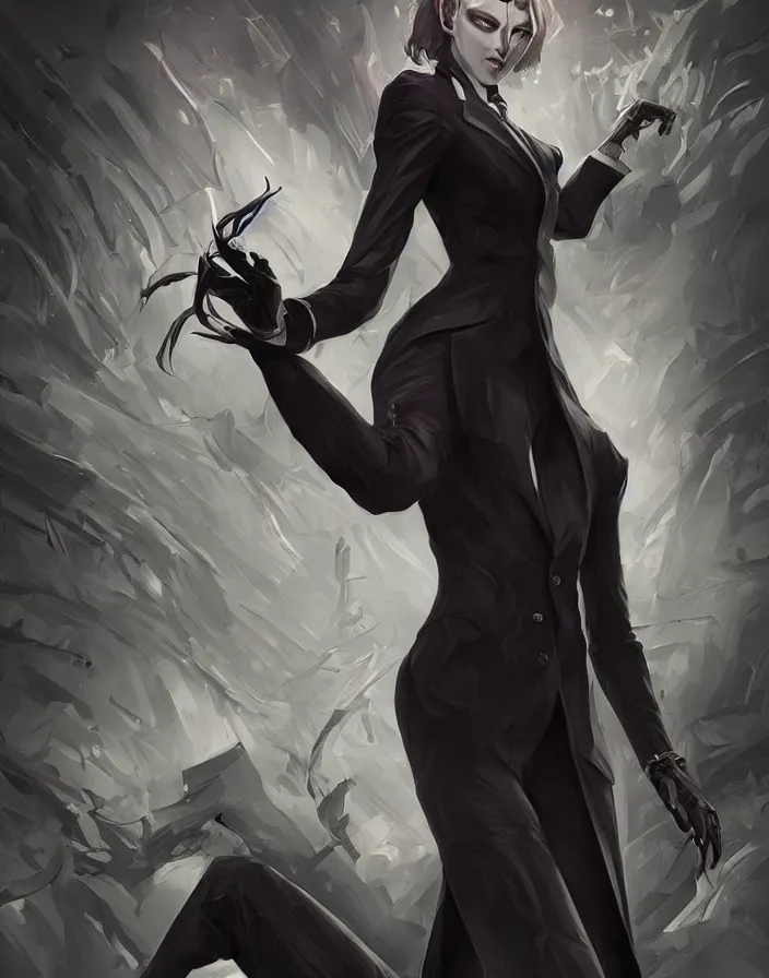 Prompt: an elegant demon waifu dressed in a smart black suit is offering you a contract to sign, digital art by łukasz piskorz and patrick mcenvoy and michael komarck, intricate, highly detailed, artstation, concept art, smooth, sharp focus