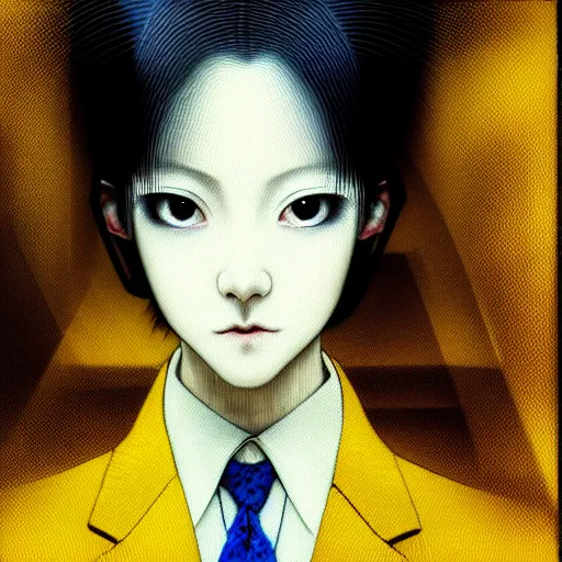 Image similar to yoshitaka amano blurred and dreamy realistic three quarter angle horror portrait of a sinister young woman with short hair and yellow eyes wearing office suit with tie, junji ito abstract patterns in the background, satoshi kon anime, noisy film grain effect, highly detailed, renaissance oil painting, weird portrait angle, blurred lost edges