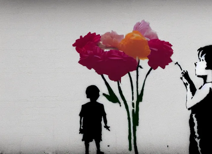 Prompt: a side profile of a single boy holding flowers in the style of Banksy on a white concrete background, graffiti, digital art