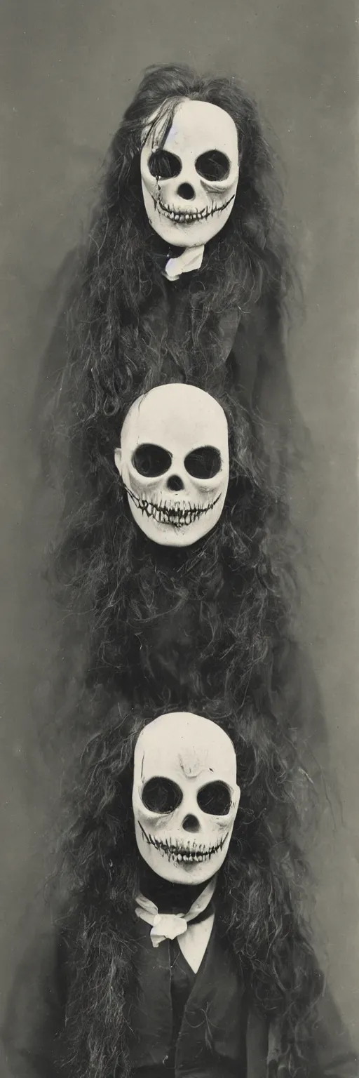Image similar to a head and shoulders portrait photograph of a victorian wearing a scary vintage halloween mask, 1 9 0 0 s picture